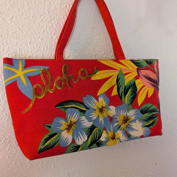 Hawaii Bright Y2k Hand Beaded Coastal Canvas Shoulder Purse - Picture 2 of 5